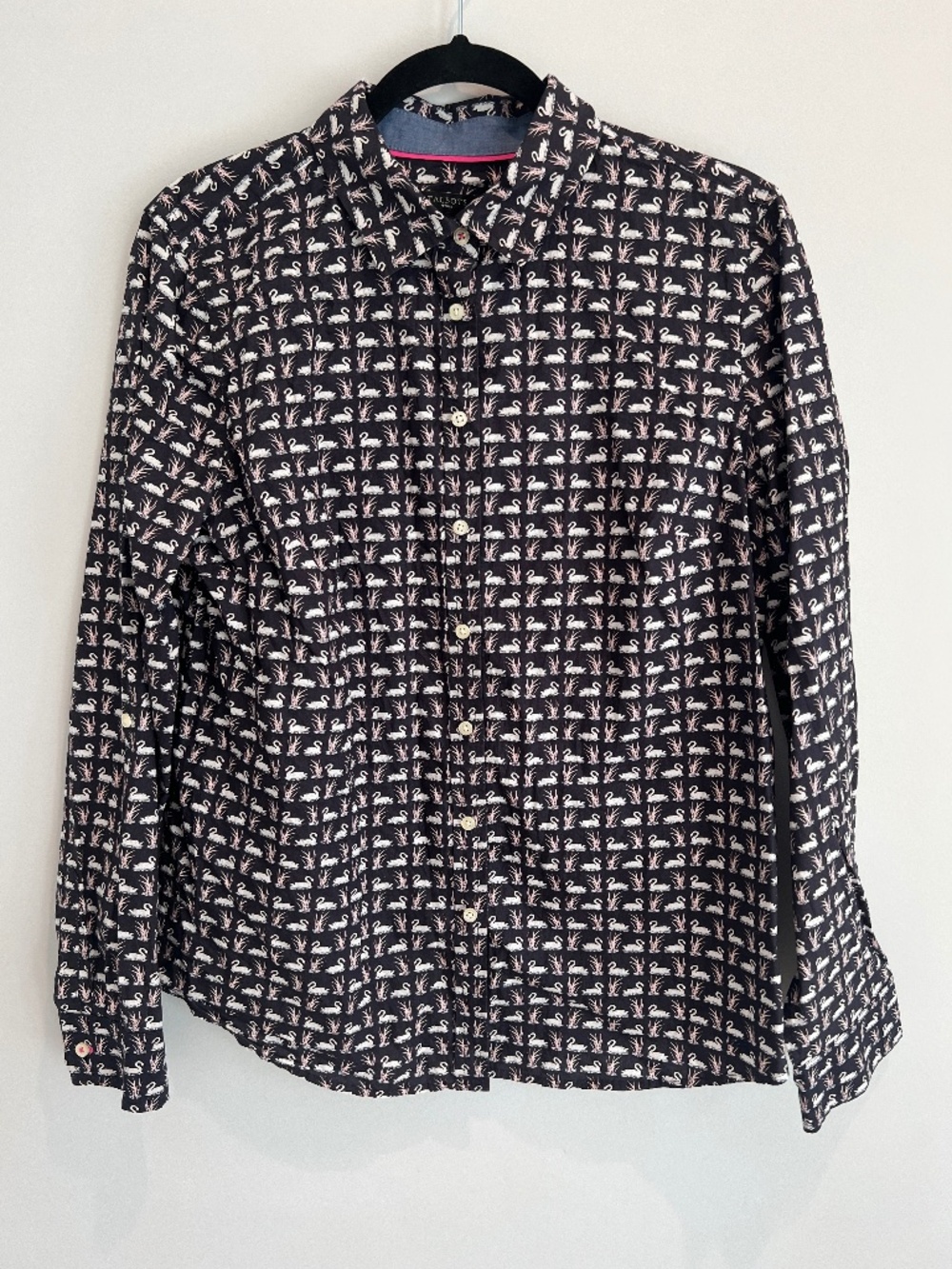 Talbots Long Sleeve Cotton Navy Button Down Swan Print Blouse - Petite 14